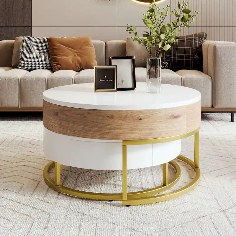 Tables basses gigognes rondes modernes relevables avec 2 tiroirs Blanc et Noir