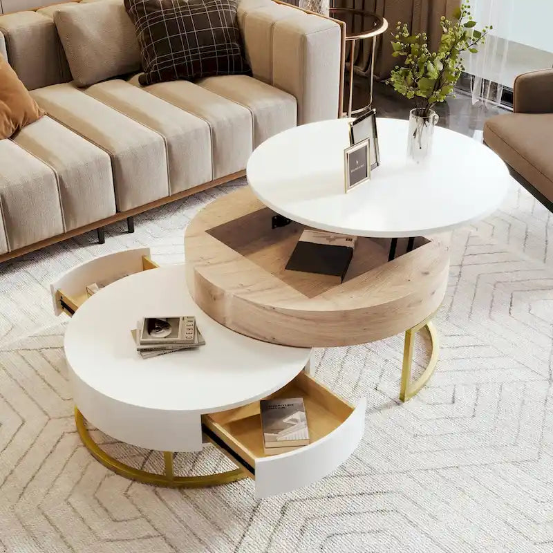 Tables basses gigognes rondes modernes relevables avec 2 tiroirs Blanc et Noir