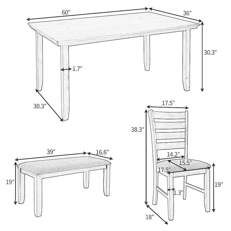 Ensemble de salle à manger 6 pièces avec banc, table et chaises de salle à manger en bois rustique pour 6 personnes