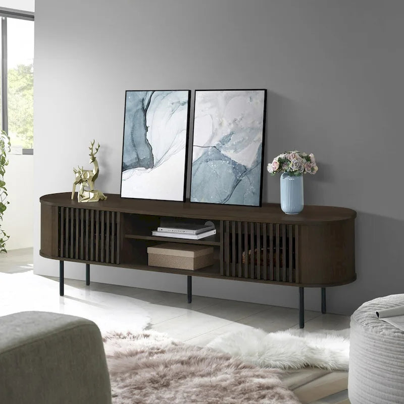 Meuble TV 2 étagères avec portes coulissantes, coloris naturel/noyer
