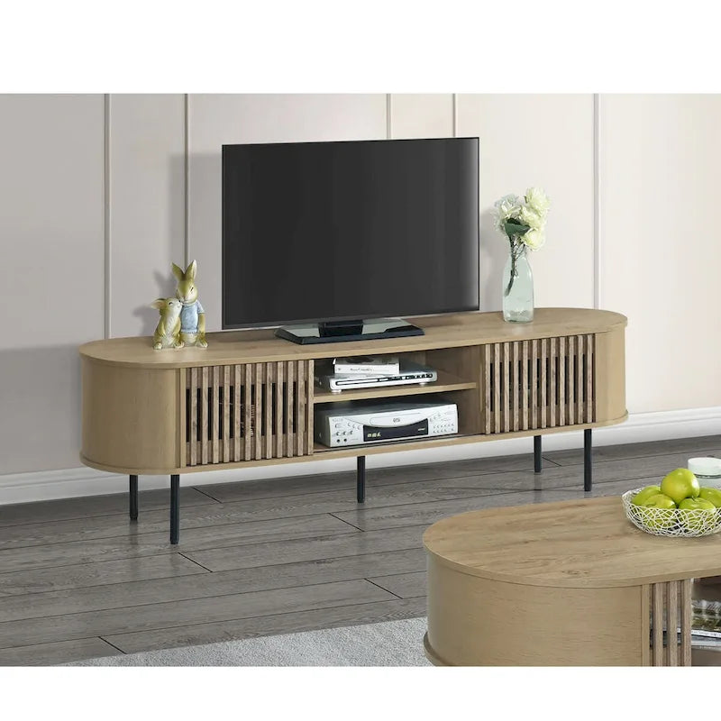 Meuble TV 2 étagères avec portes coulissantes, coloris naturel/noyer