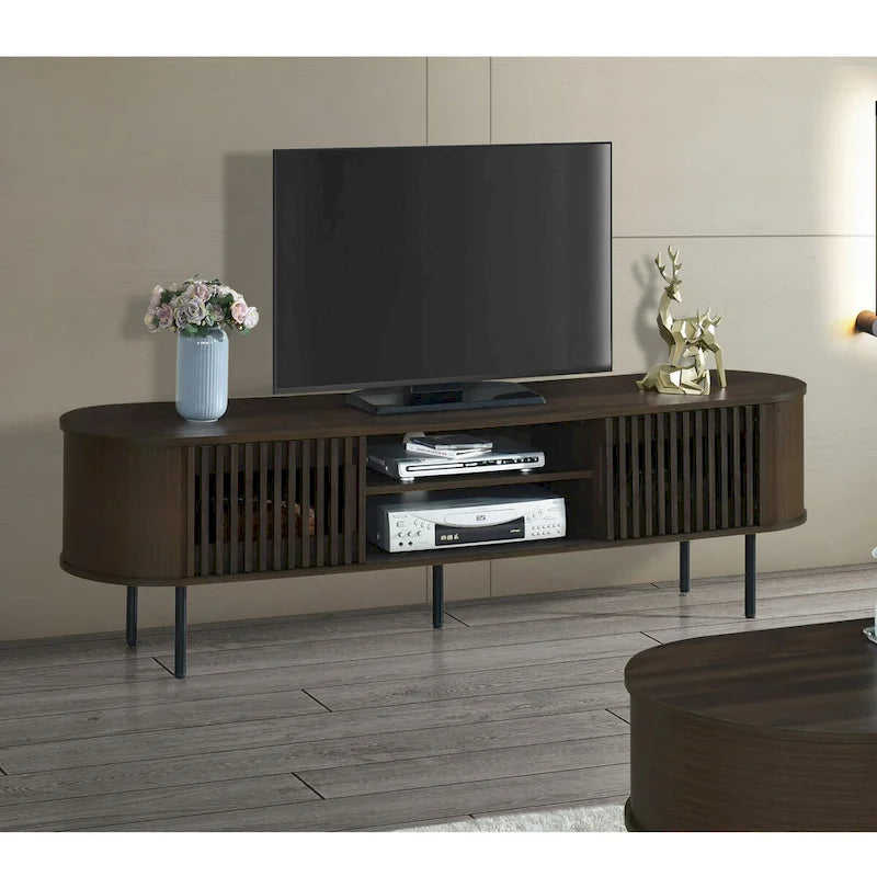 Meuble TV 2 étagères avec portes coulissantes, coloris naturel/noyer