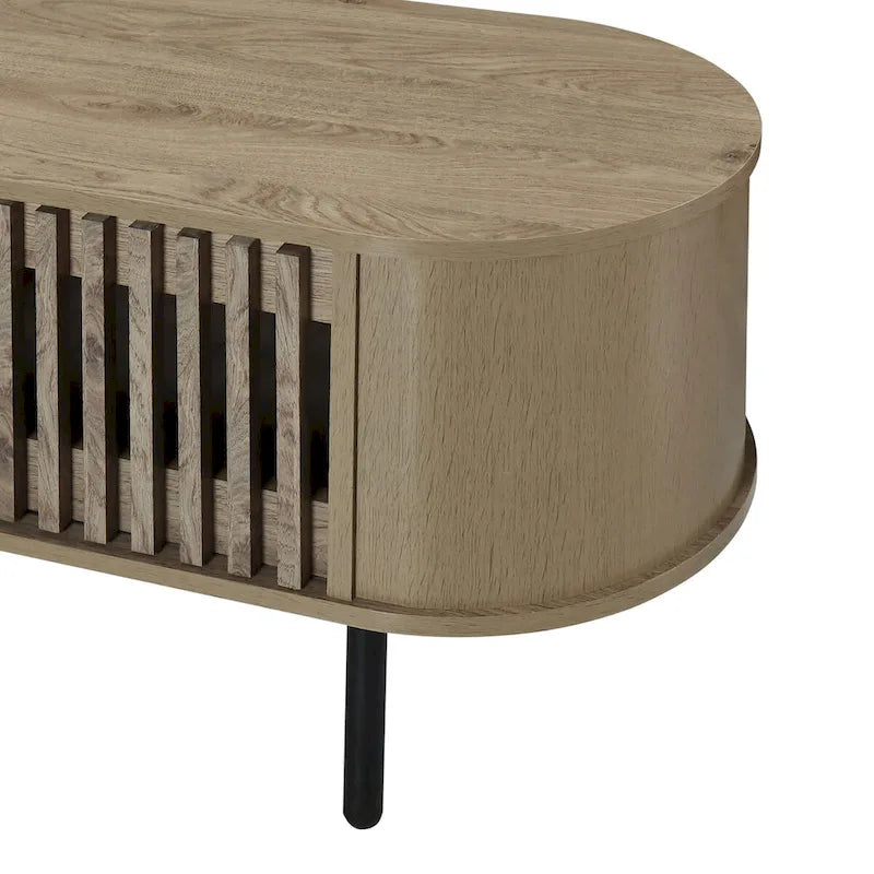 Meuble TV 2 étagères avec portes coulissantes, coloris naturel/noyer