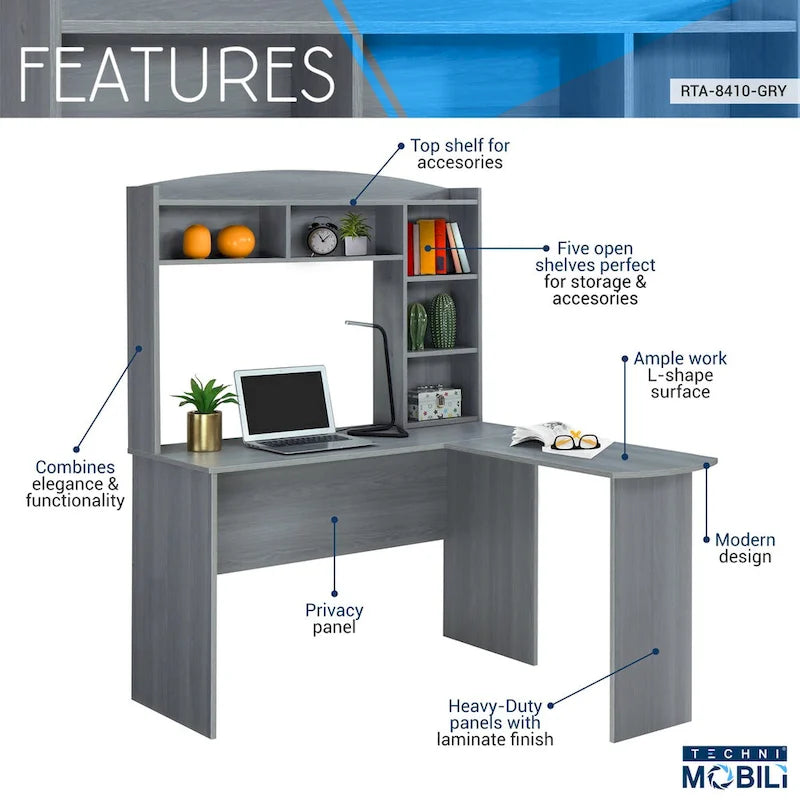 Bureau d'ordinateur en L gris avec huche, 1 personne, 120 cm × 125 cm × 159 cm