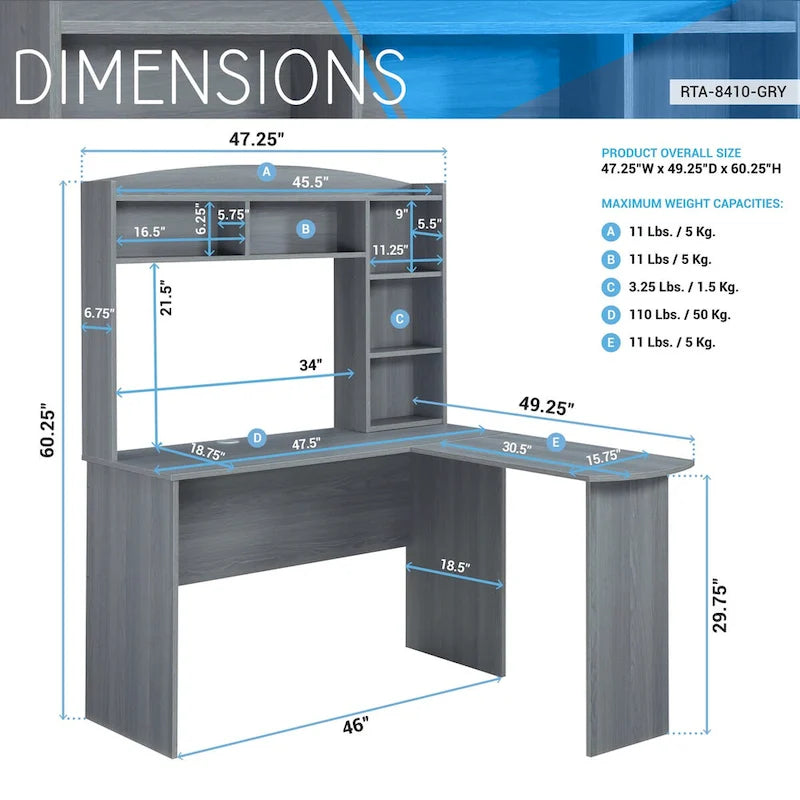 Bureau d'ordinateur en L gris avec huche, 1 personne, 120 cm × 125 cm × 159 cm