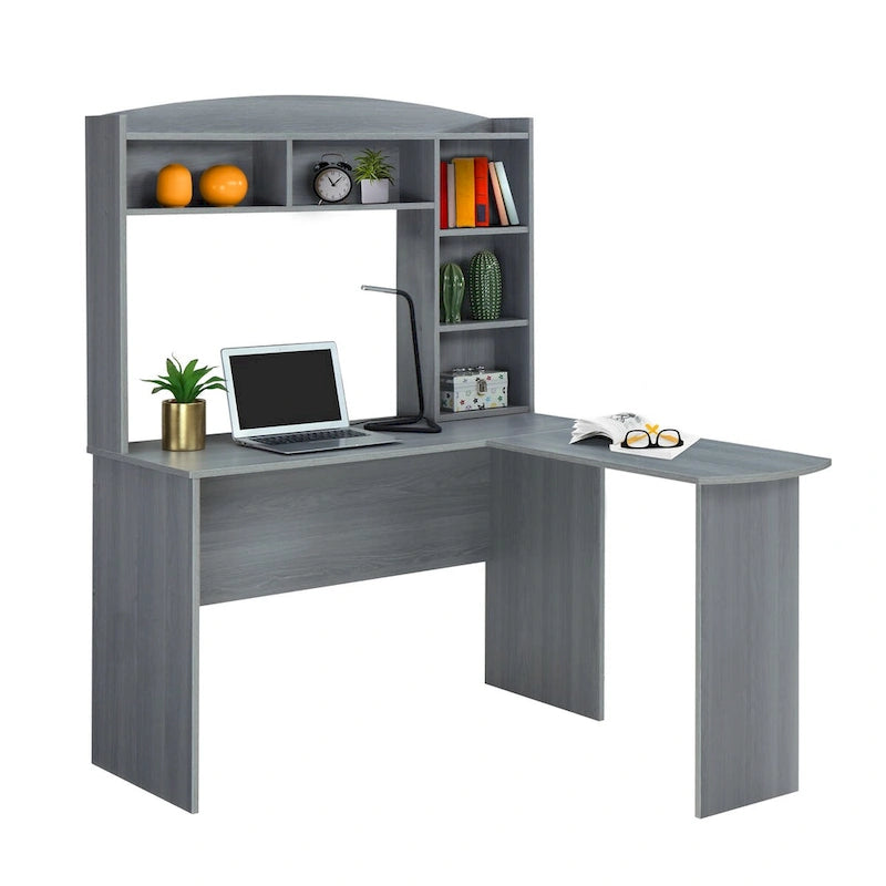 Bureau d'ordinateur en L gris avec huche, 1 personne, 120 cm × 125 cm × 159 cm