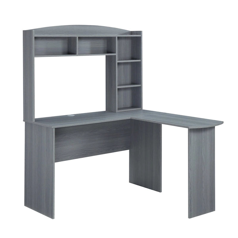 Bureau d'ordinateur en L gris avec huche, 1 personne, 120 cm × 125 cm × 159 cm