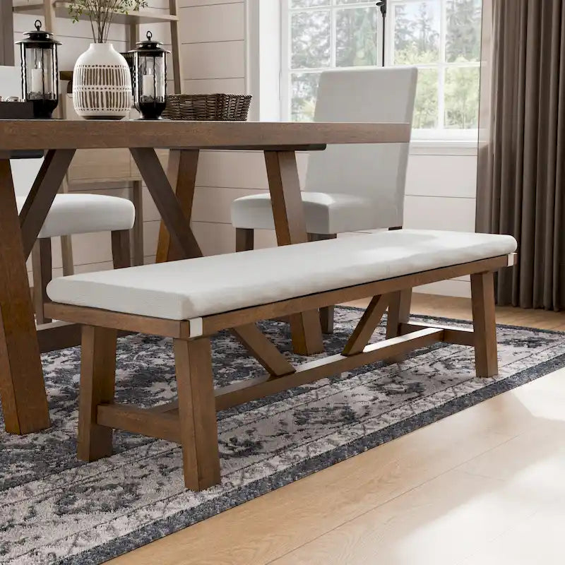 Banc de salle à manger Drystan Rustic Ivory en tissu rembourré de 60 pouces de Furniture of America