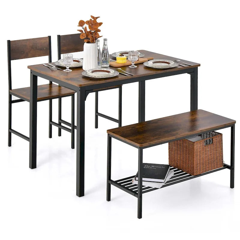 Ensemble de salle à manger 4 pièces, table rustique, 2 chaises, banc, étagère de rangement