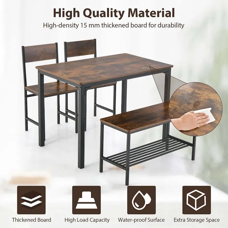 Ensemble de salle à manger 4 pièces, table rustique, 2 chaises, banc, étagère de rangement
