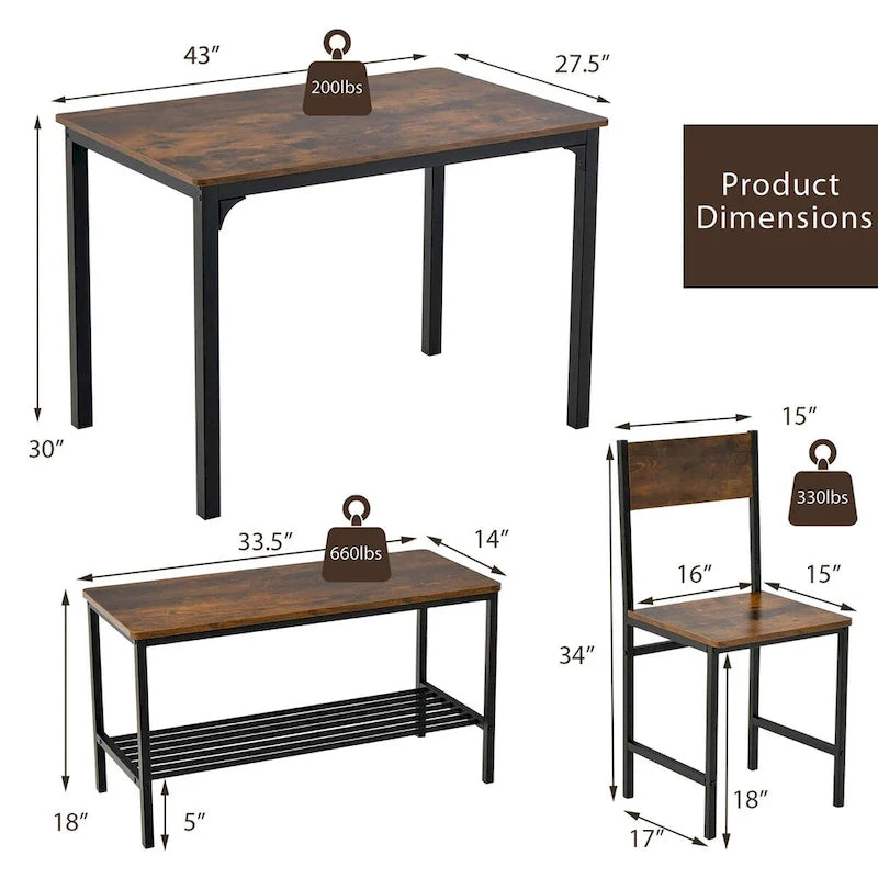 Ensemble de salle à manger 4 pièces, table rustique, 2 chaises, banc, étagère de rangement