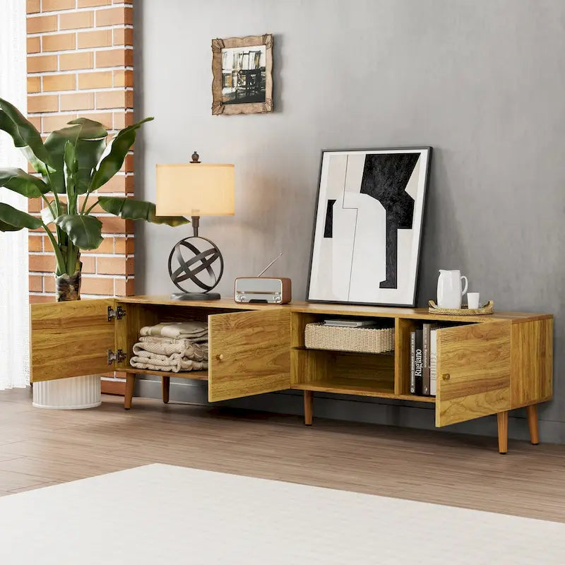 Meuble TV moderne du milieu du siècle de 70 pouces, meuble TV avec rangement, centre de divertissement pour salon et chambre à coucher, console média TV