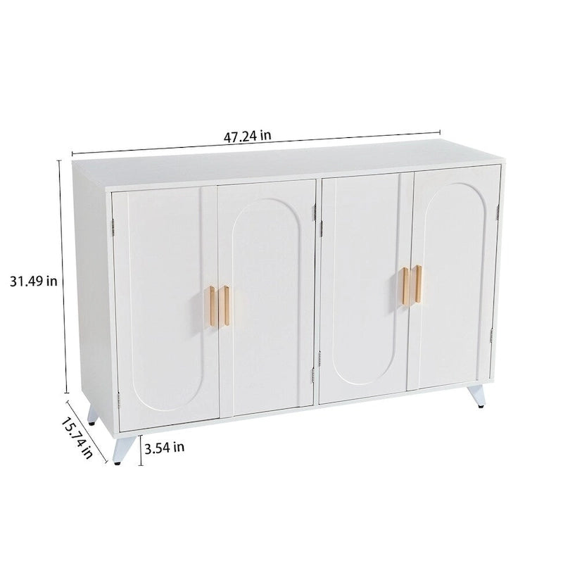 Buffet bahut blanc 4 portes avec effet vague et étagères amovibles