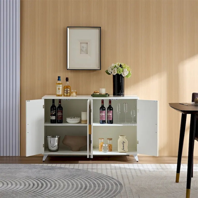 Buffet bahut blanc 4 portes avec effet vague et étagères amovibles