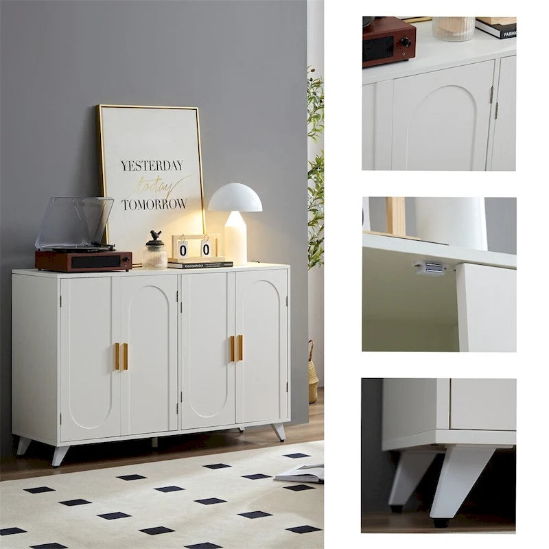 Buffet bahut blanc 4 portes avec effet vague et étagères amovibles