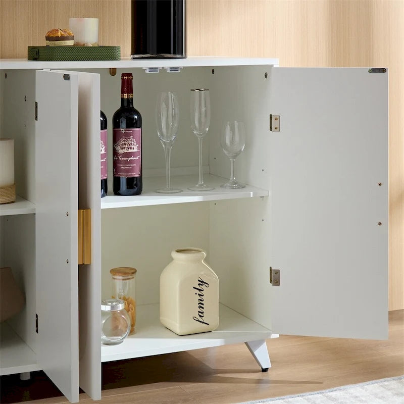 Buffet bahut blanc 4 portes avec effet vague et étagères amovibles